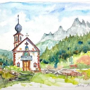 Kapelle San Giovanni, Tiroler Alpen in Italien, Dolomiten-Gebirge, originales Aquarell-Landschaftsgemälde