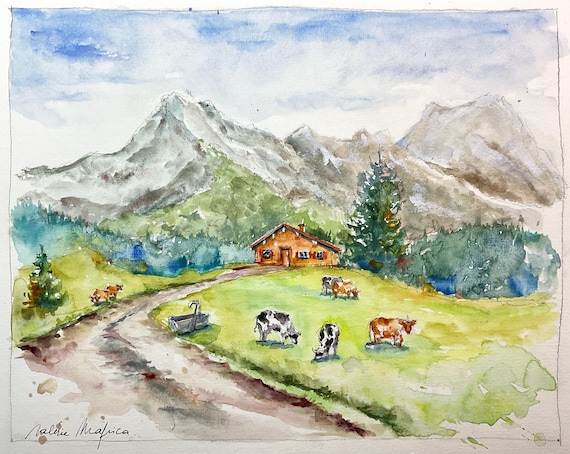 夏の山のオリジナル水彩画、山の風景画、アルプスの水彩画、アラヴィス