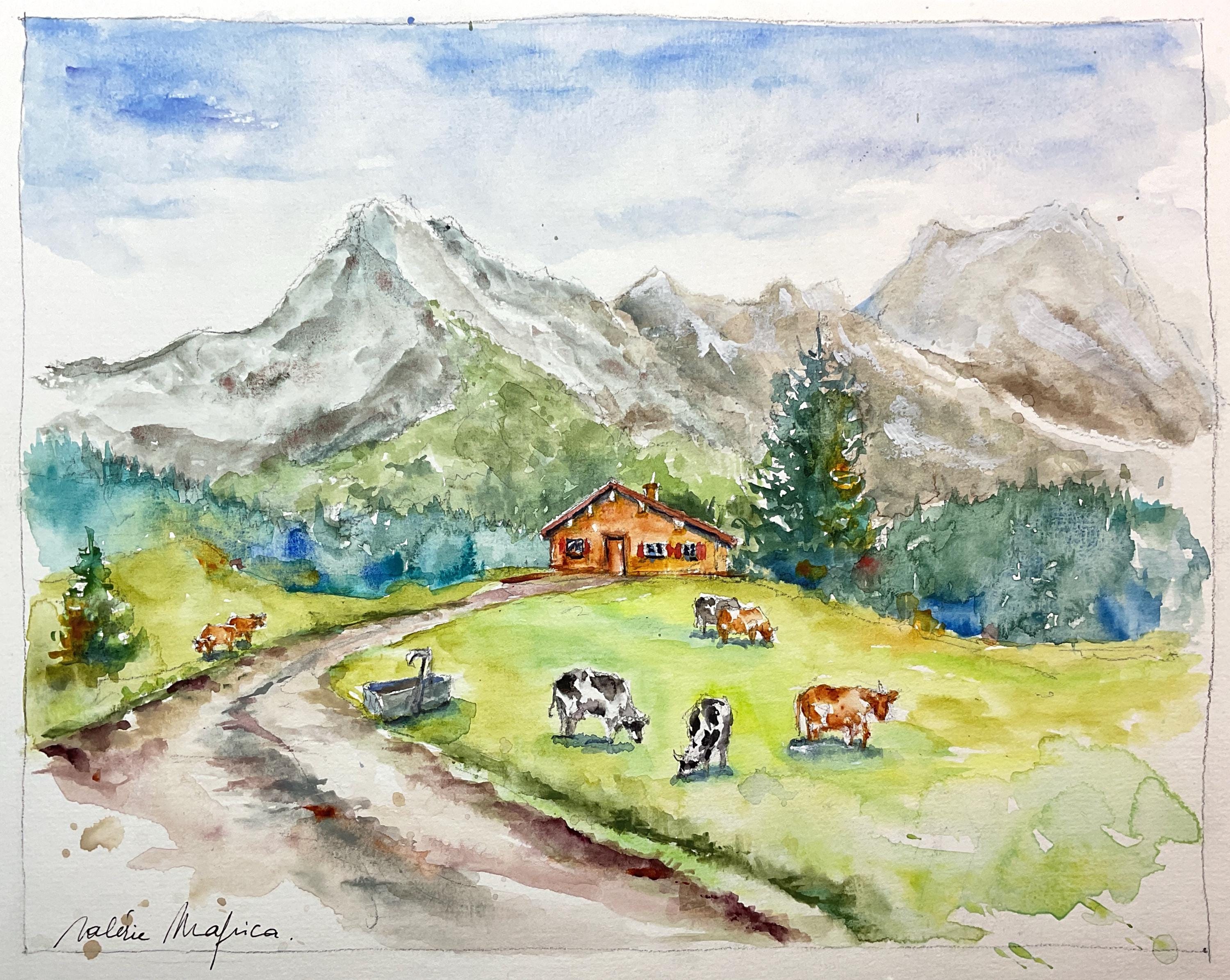 山の風景 水彩画　美馬牛 夏の山のオリジナル水彩画、山の風景画、アルプスの水彩画、アラヴィス