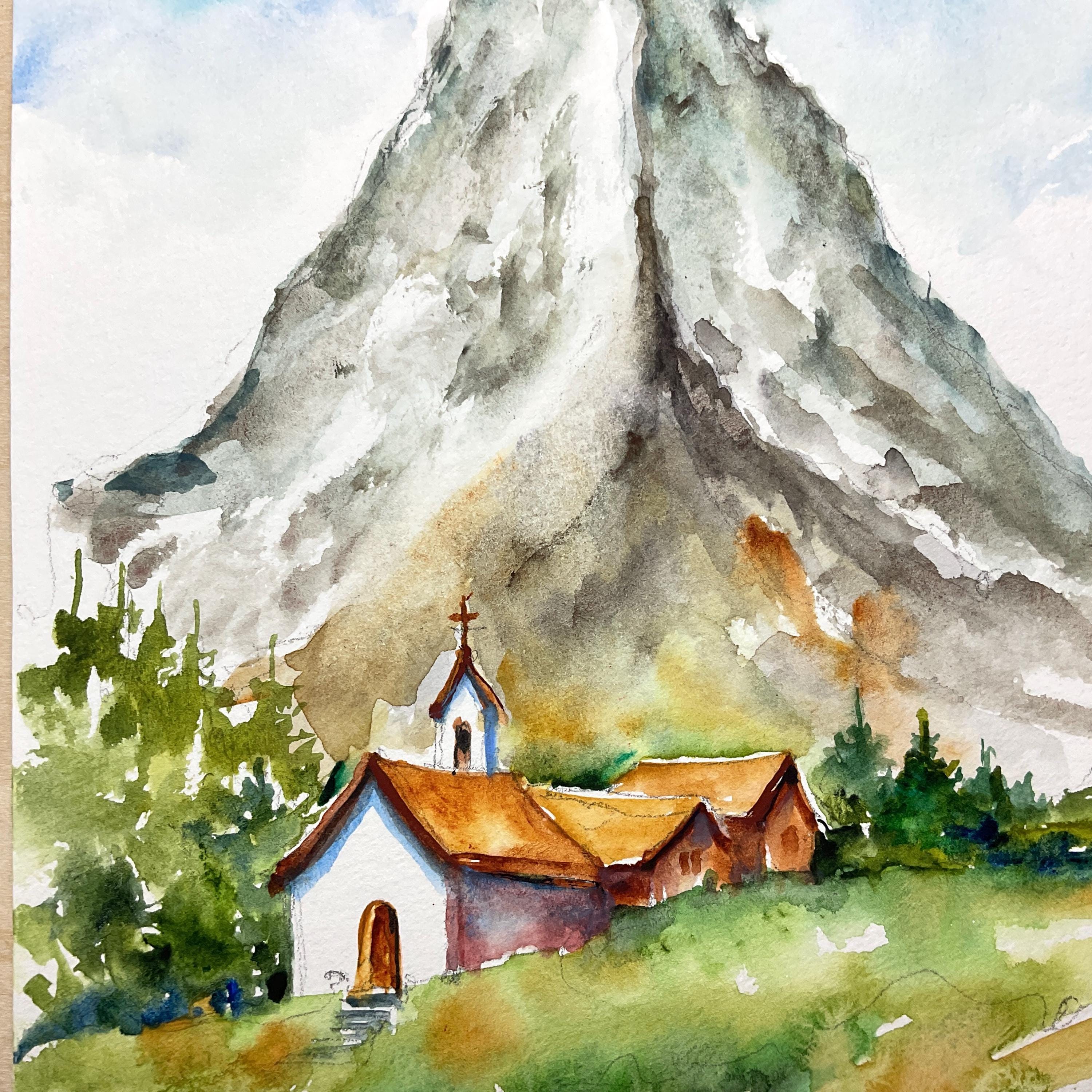 夏のマッターホルンの水彩画。スイスアルプスのマッターホルンの風景