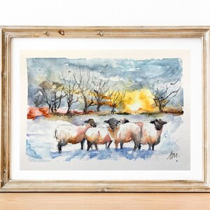 Peinture aquarelle de moutons, paysage de troupeau dans la campagne, peinture originale de moutons dans les prés au couchant, art mural image 10