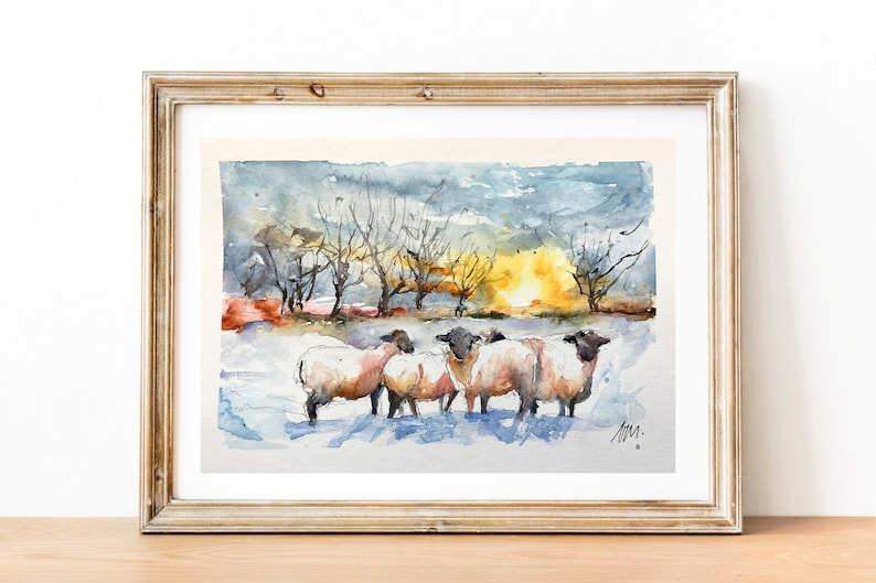 Peinture aquarelle de moutons, paysage de troupeau dans la campagne, peinture originale de moutons dans les prés au couchant, art mural image 10