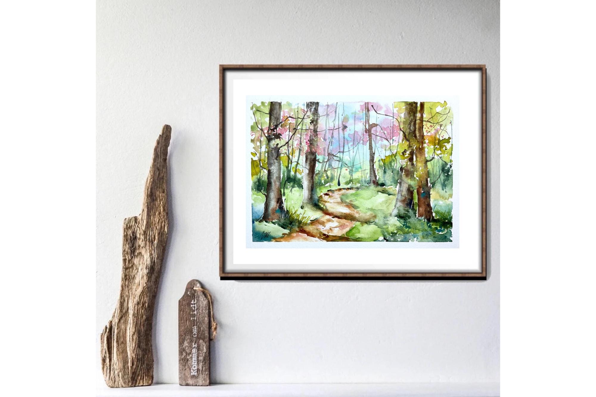 森の絵画「小春ブナ森」 水彩画の春の森の風景、明るい下草のオリジナル絵画、緑の森の壁の装飾