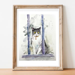 Original black and white cat watercolor, captivating look, unique feline painting, elegant wall decoration, gift for cat lovers, Tuxedo cat