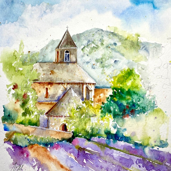 Peinture originale abbaye de Senanque dans le Luberon, aquarelle originale de champs de lavande et de bâtiment religieux antique en Provence