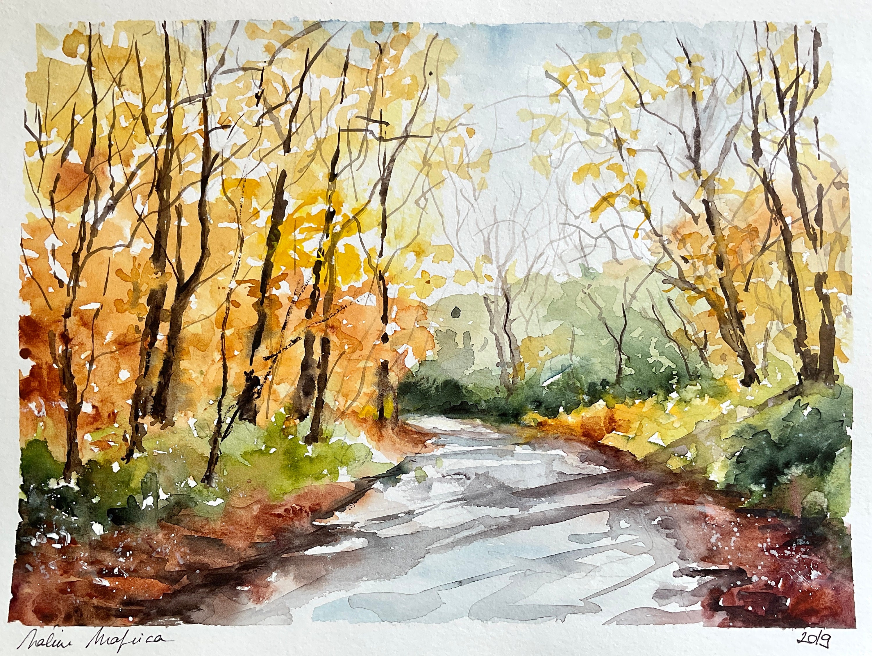 オリジナルの水彩画の秋の森、森の風景、森の絵、木々、下草、黄金色の