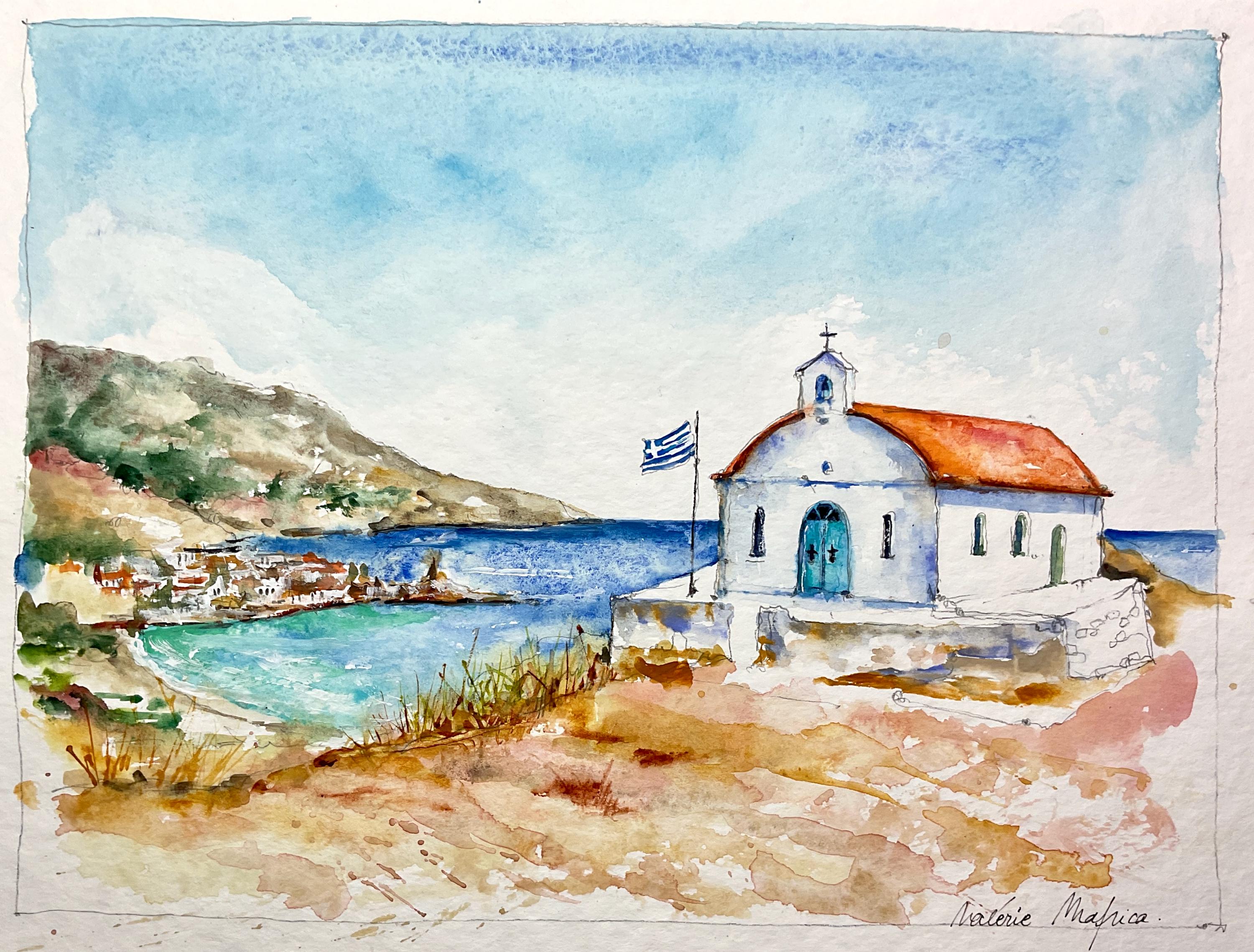 ギリシャの旅（水彩画） ギリシャのアンドロス島にあるコーラ礼拝堂のオリジナル水彩画