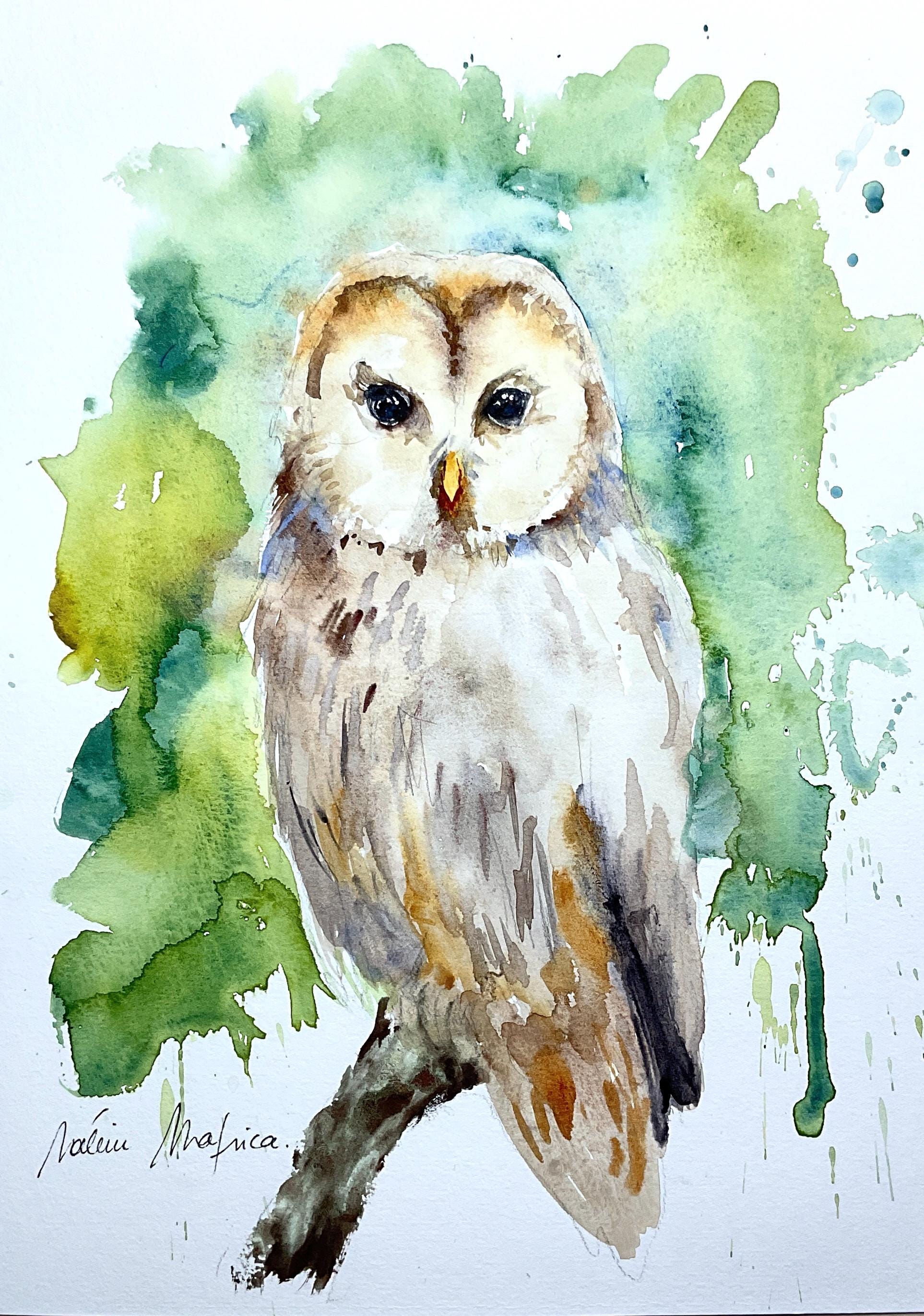 水彩フクロウ、オリジナルのフクロウの絵画、フクロウの装飾、フクロウ