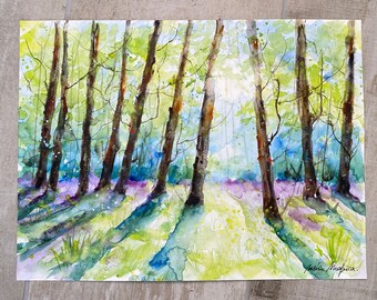 春の香り(水彩画) 明るい春の森のオリジナル絵画、光に照らされた木々と葉の本物の