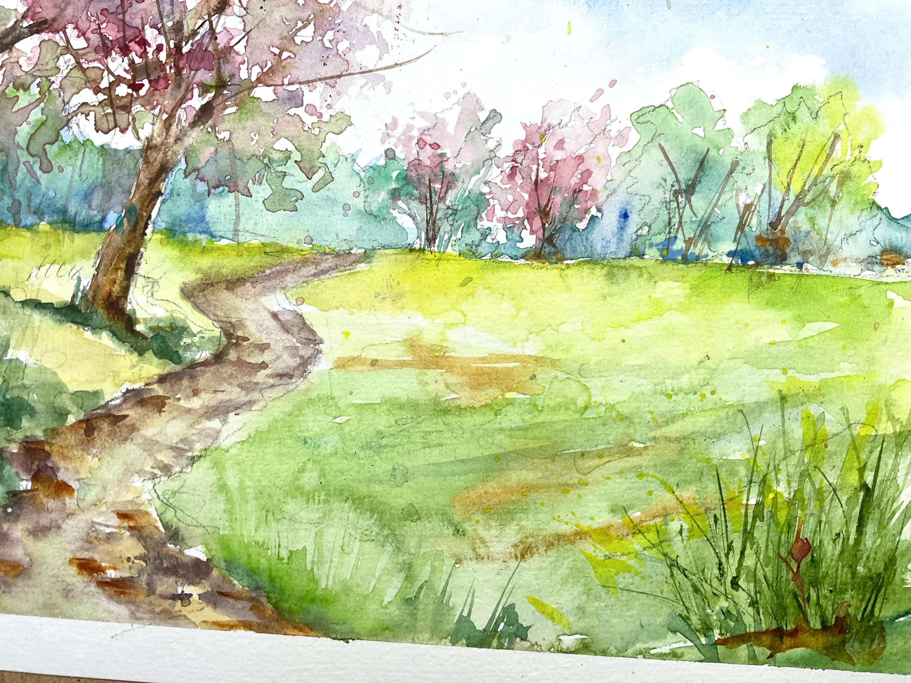 【真作】絵画　水彩3号　春爛漫　丘陵に咲く桜　春の風景　自然の息吹　V116 真作】絵画 水彩3号 春爛漫 丘陵に咲く桜 春の風景 自然の息吹