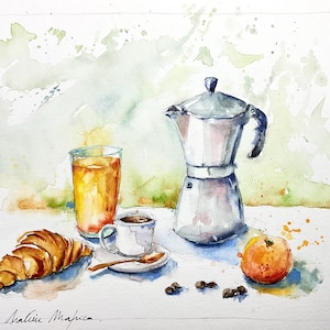 Dipinto di moka italiana con tazza e chicchi di caffè, tema originale del caffè ad acquerello per la decorazione della cucina o del bar espresso