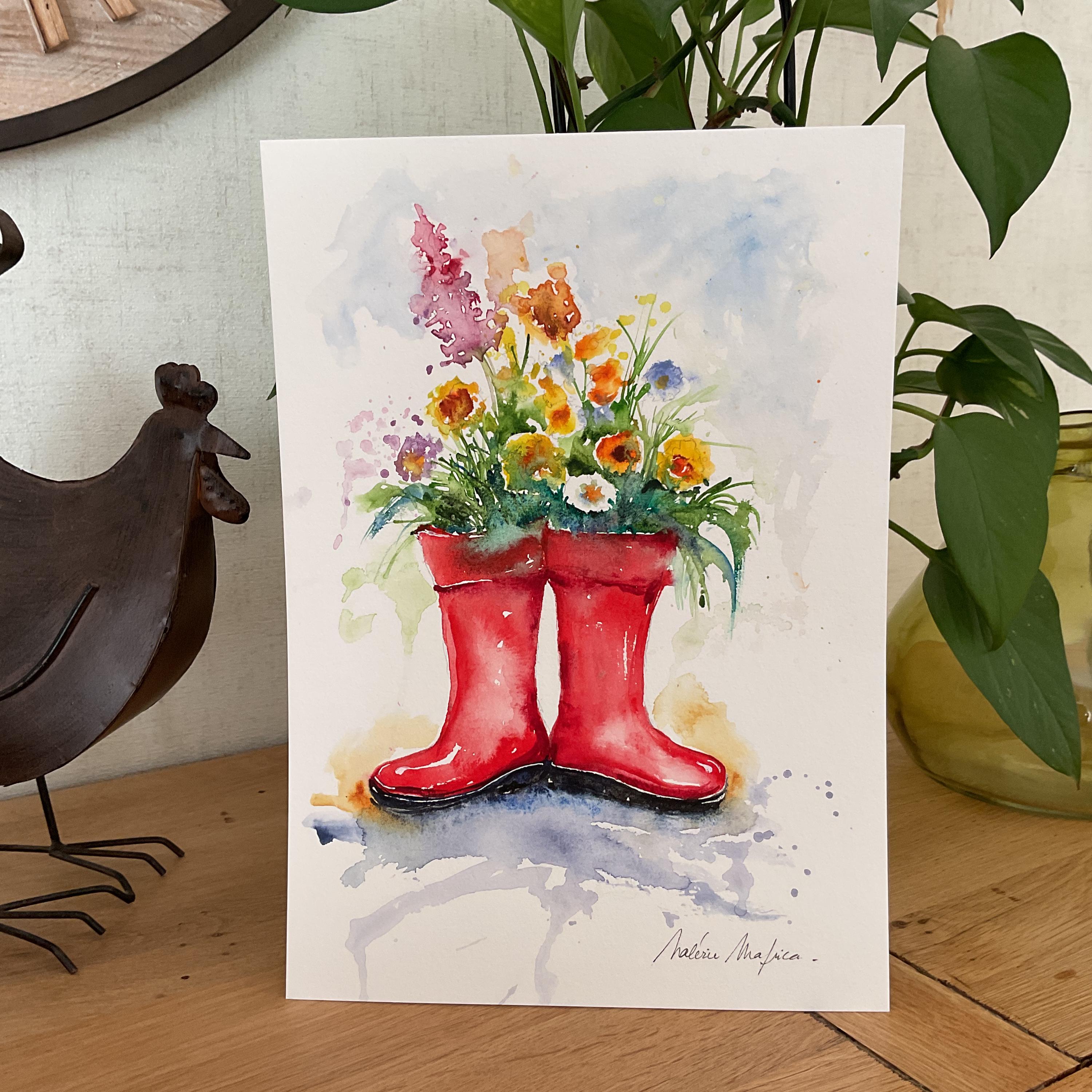 赤いゴム長靴の絵画、赤い庭師のブーツのオリジナルの水彩画、家の装飾