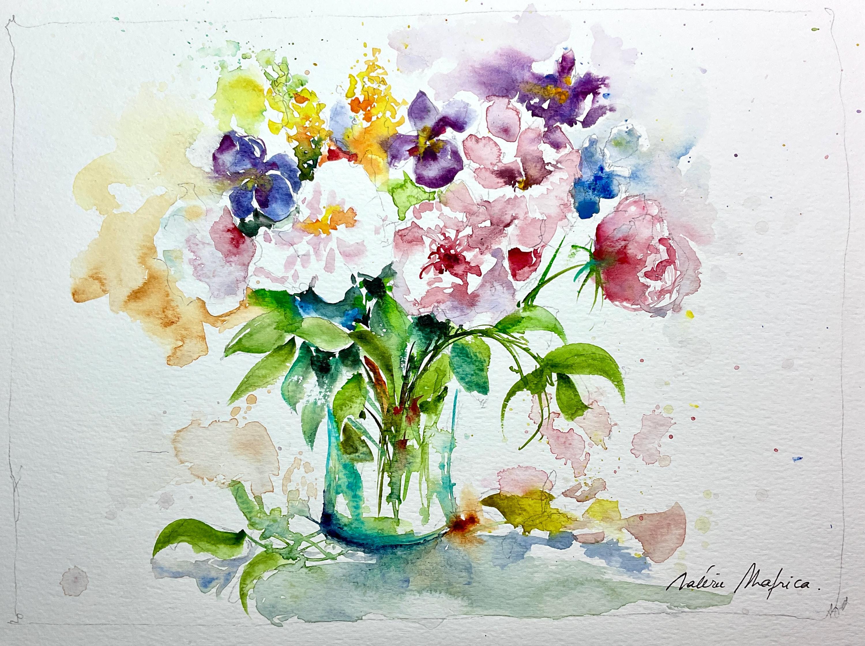 花束の中のアイリスとシャクヤクの水彩画、花瓶の中の庭の花の絵、装飾