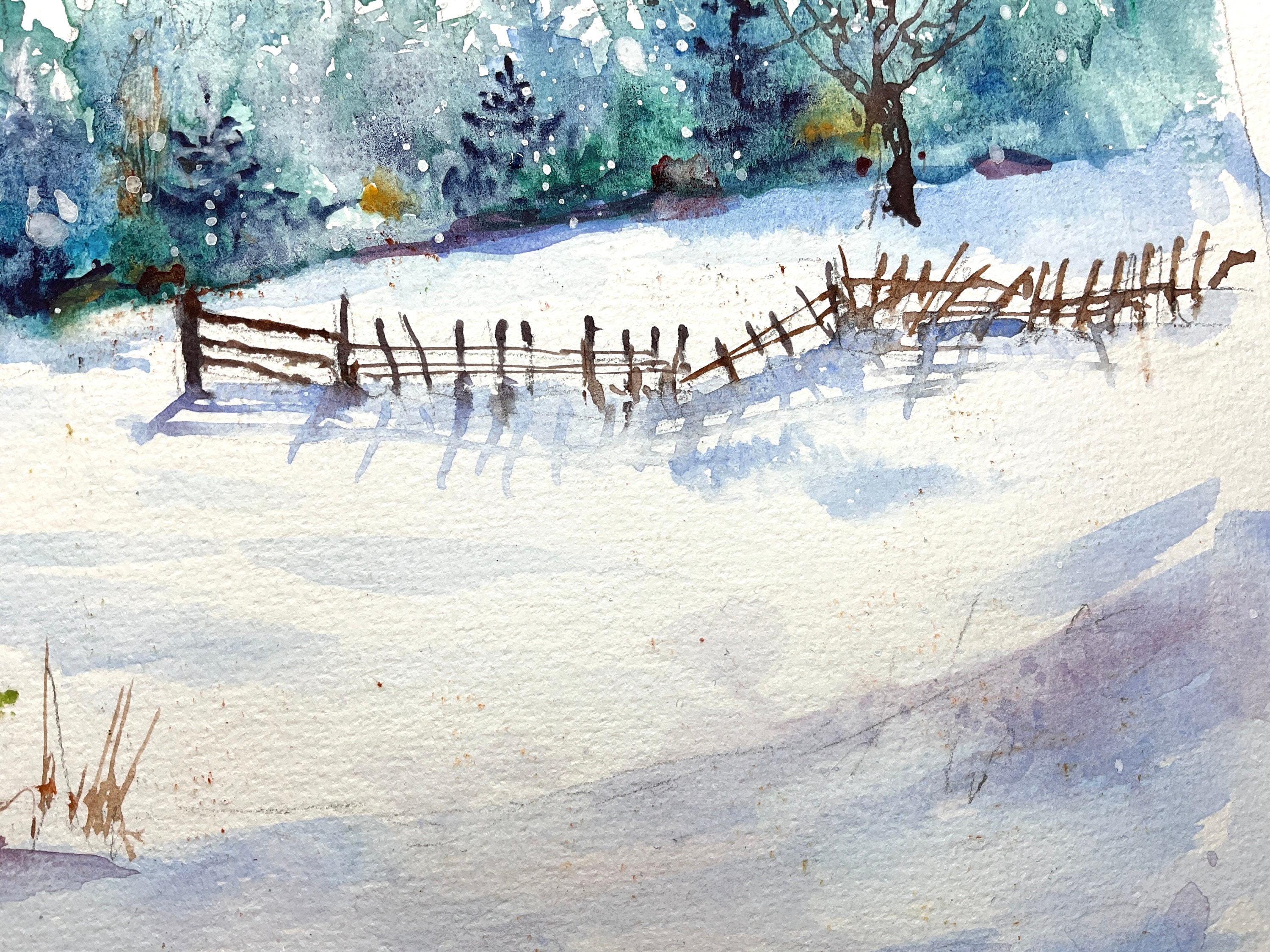 オリジナルの水彩画に描かれた雪の下の納屋、冬の田舎の風景、白い冬の