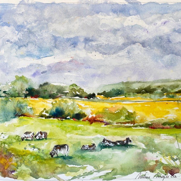 Peinture de paysage avec des vaches en aquarelle originale, décoration murale campagnarde, champs de vaches, collines de campagne anglaise