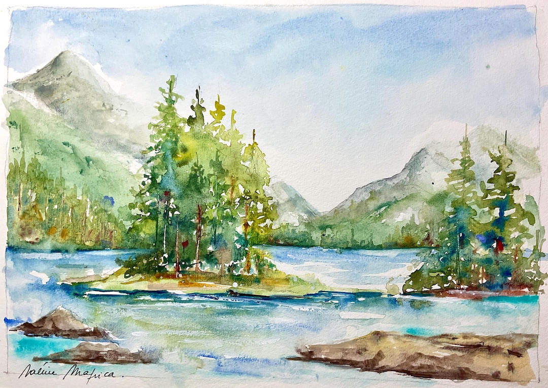 湖畔のモミ林の風景 - オリジナルの緑と青の水彩画 - 北欧の荒野