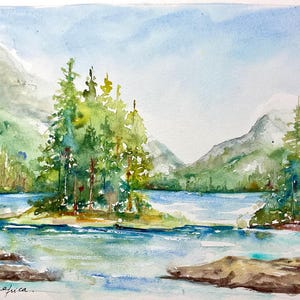 夏の山のオリジナル水彩画、山の風景画、アルプスの水彩画、アラヴィス