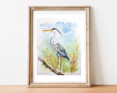 アオサギ油彩画 アオサギの絵画、オリジナルの水彩画、湿地や池の水鳥の絵画、鳥