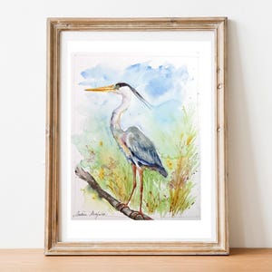 Pintura de garça cinzenta, aquarela original de garça cinzenta, pintura de aves pernaltas de pântanos e lagoas, presente de arte ornitologia