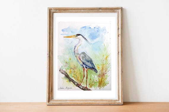 アオサギの絵画、オリジナルの水彩画、湿地や池の水鳥の絵画、鳥 アオサギの絵画、オリジナルの水彩画、湿地や池の水鳥の絵画、鳥