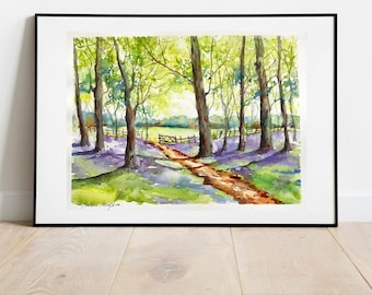 オリジナルの水彩画で描かれた春の森、森の絵画、木々の中の太陽の壁画