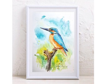カワセミのオリジナル水彩画、鳥類学の壁画、池や森の美しい色鮮やかな