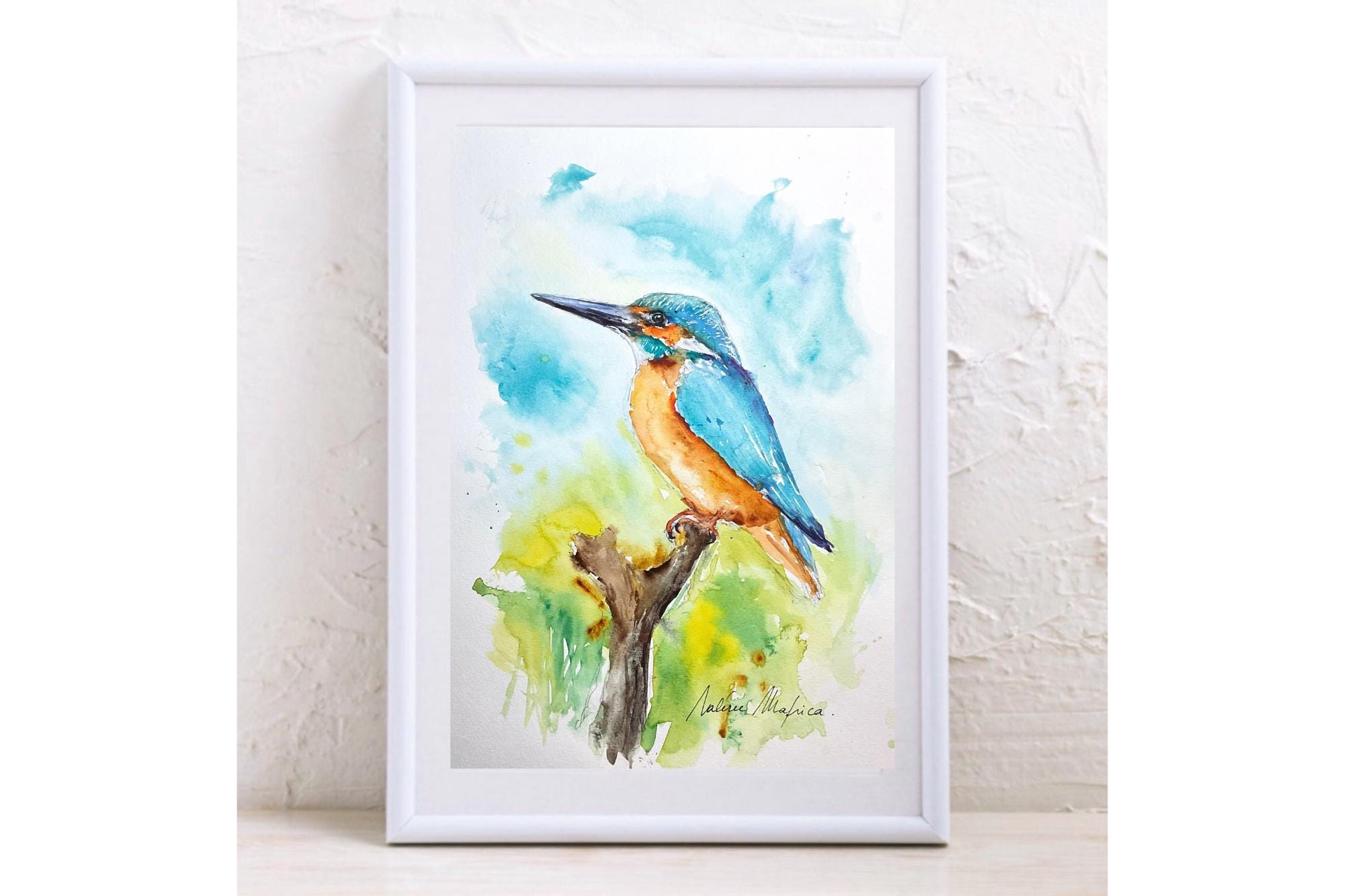 カワセミのオリジナル水彩画、鳥類学の壁画、池や森の美しい色鮮やかな