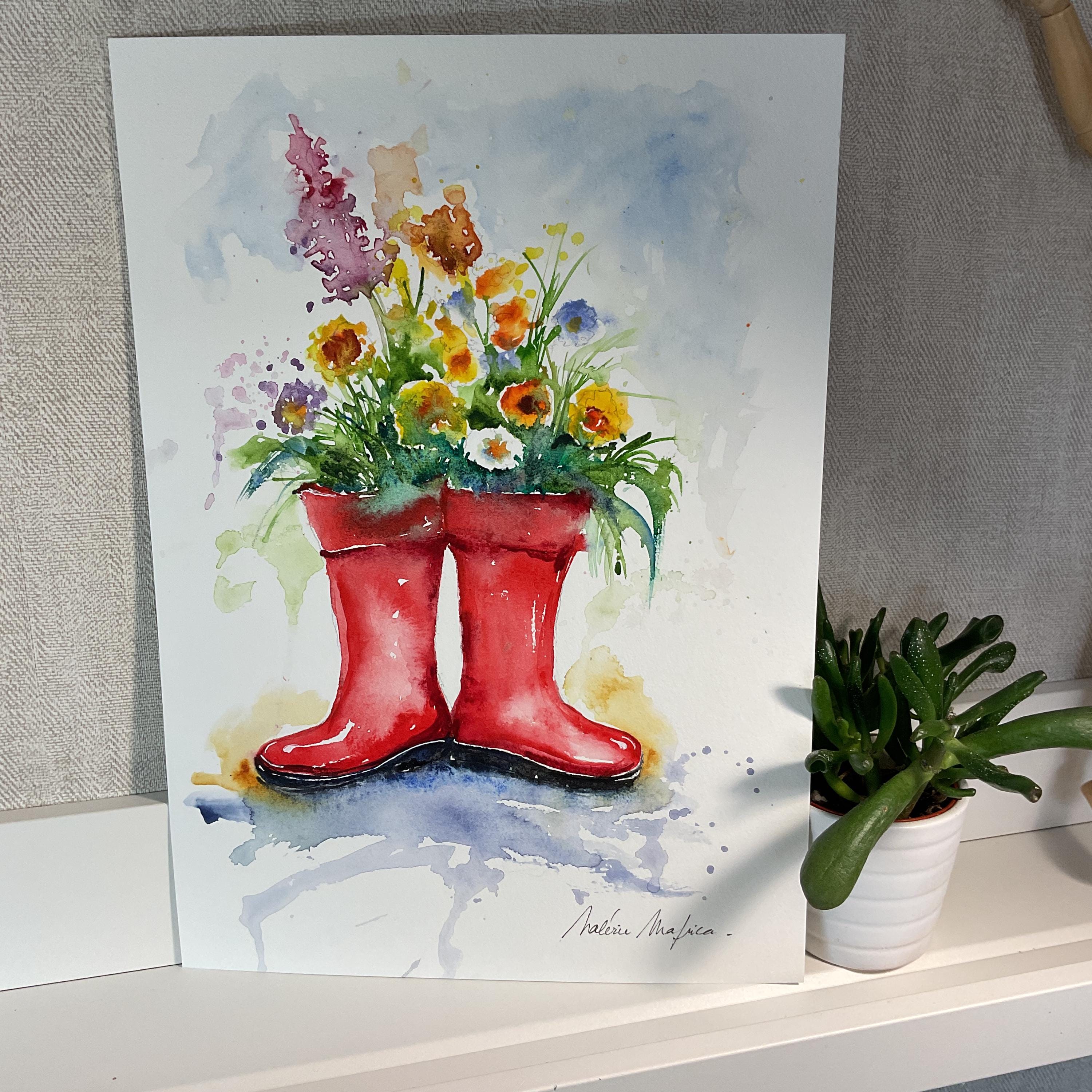 Painting of a Pair of Red Rubber Boots, Original Watercolor