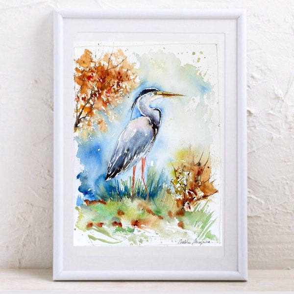 Peinture de héron cendré, aquarelle originale de héron gris, peinture d’oiseau échassier des marais et des étangs, cadeau art ornithologie