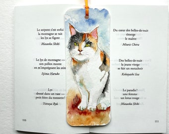 Original watercolor calico cat bookmark, cat painting on handmade bookmark, expressive hand painted cat for reader, gift for her or him