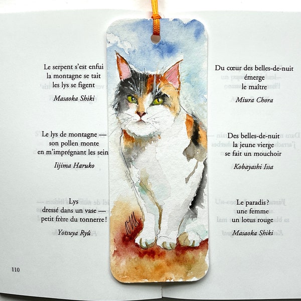 Marque-page chat calico à l'aquarelle originale, peinture de chat sur signet fait-main pour livre, chat tacheté tricolore