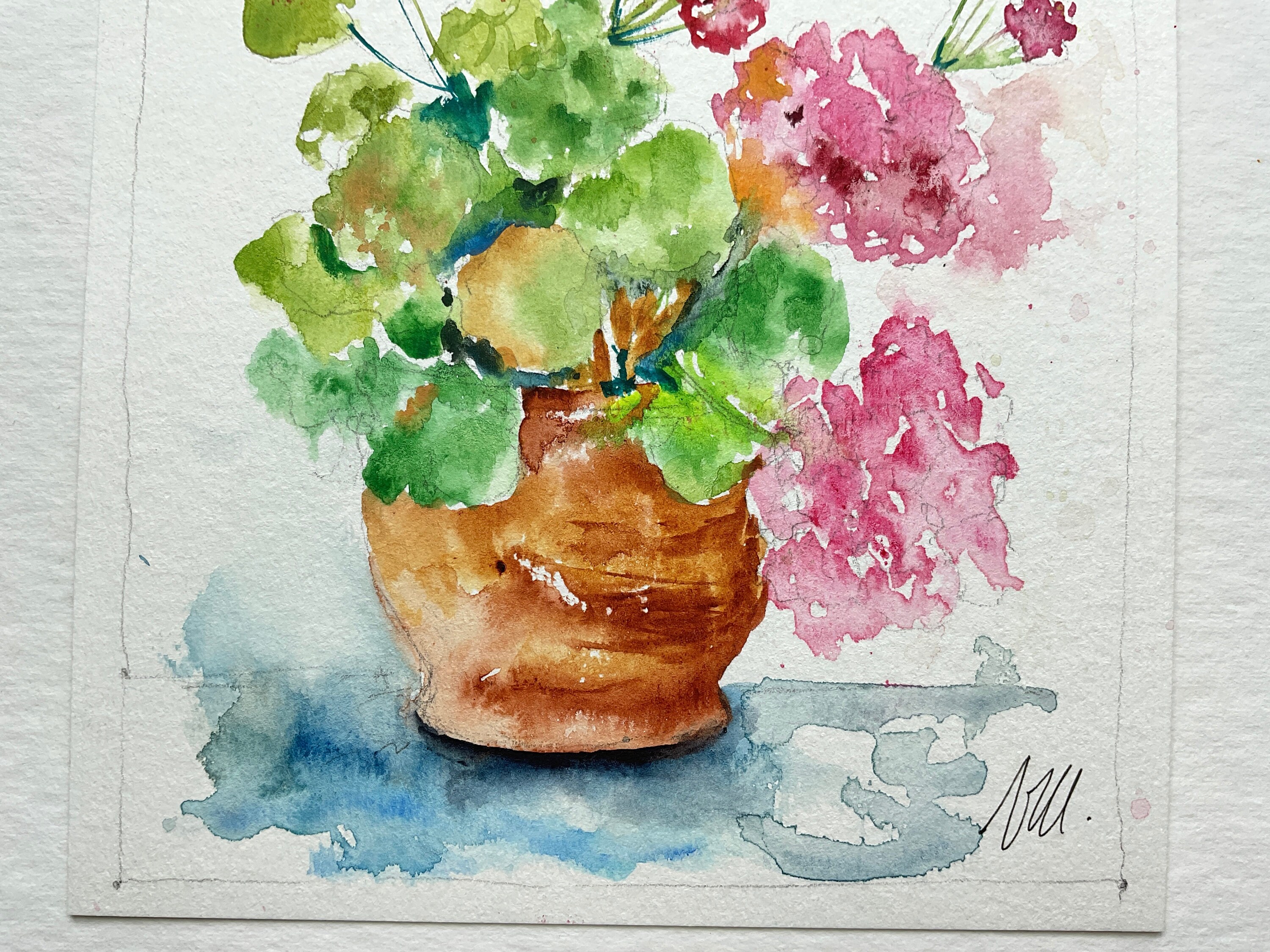 ピンクのゼラニウムの花の絵画、庭からのピンクの夏の花の