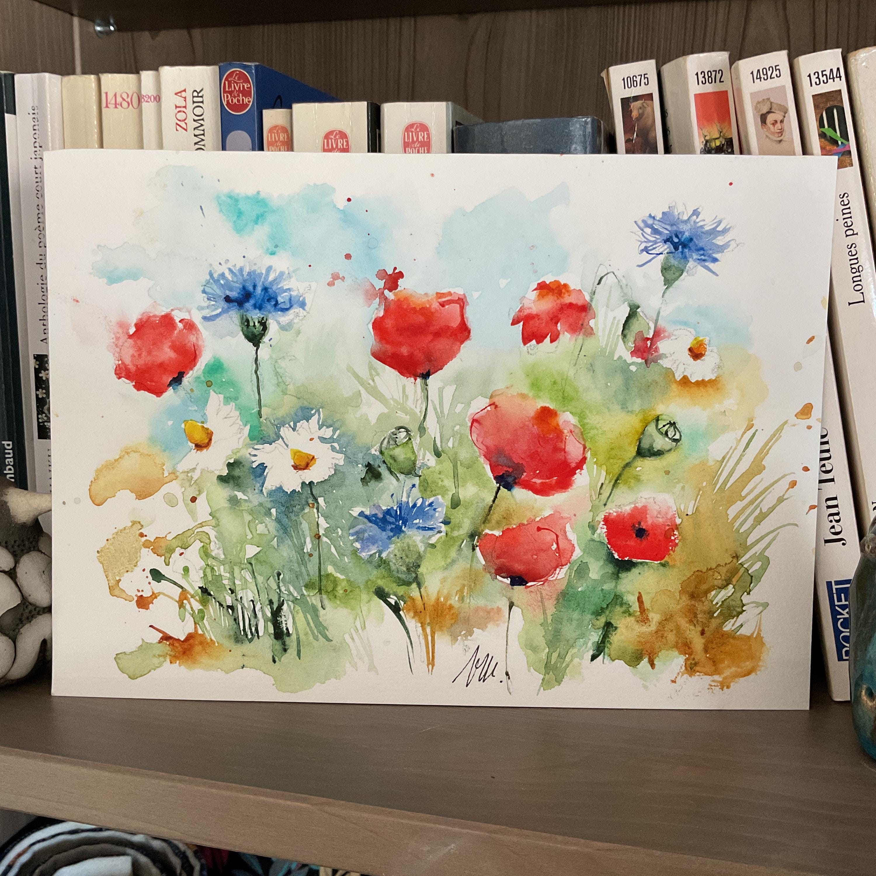 ポピーの水彩画、野原の赤いポピーの花のオリジナルアート、野生の花の