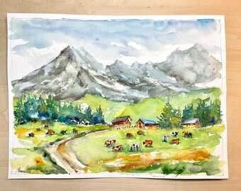 夏の山のオリジナル水彩画、山岳風景画、アルプスの水彩画、アラビス