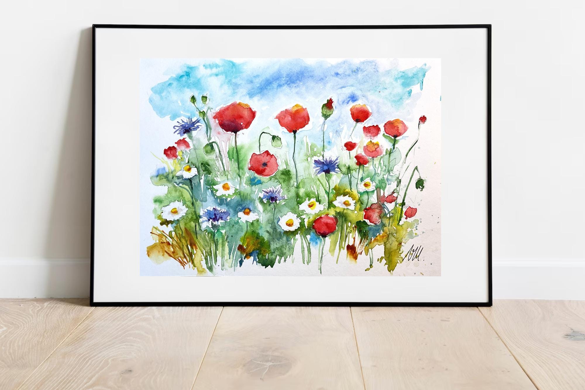 ポピーの水彩画、野原の赤いポピーの花のオリジナルアート、野生の花の