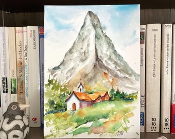 夏のマッターホルンの水彩画。スイスアルプスのマッターホルンの風景
