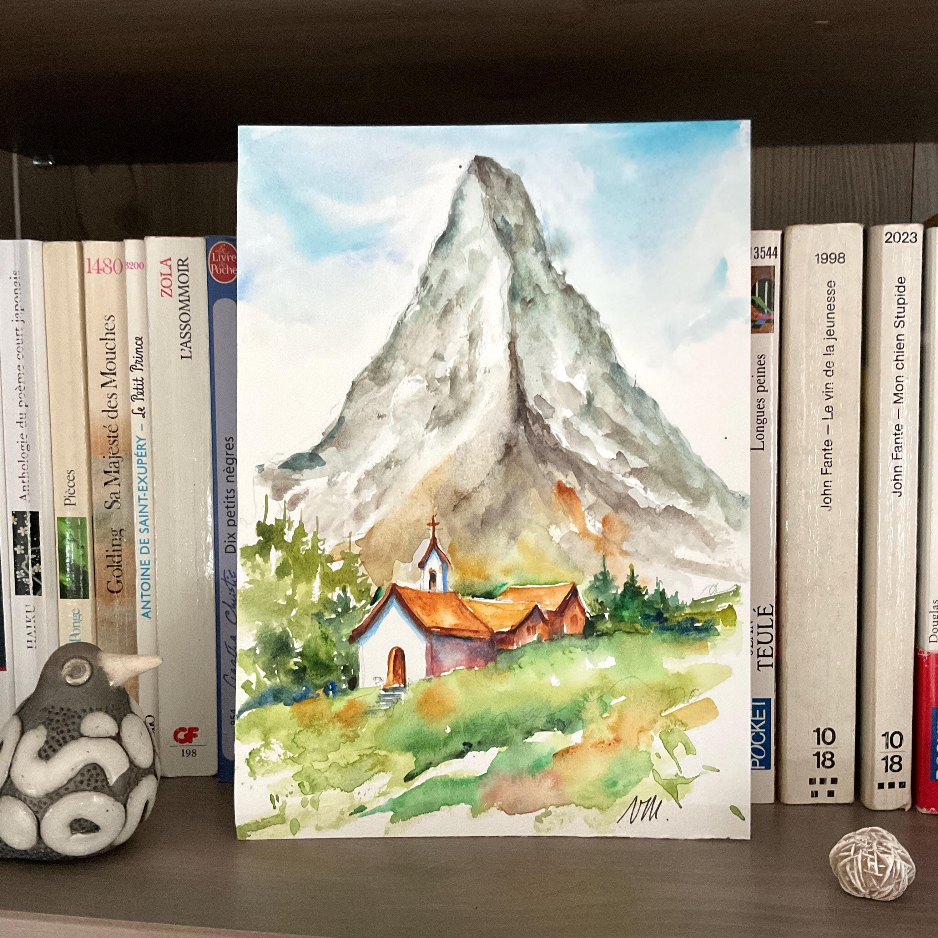 夏のマッターホルンの水彩画。スイスアルプスのマッターホルンの風景