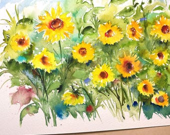 ひまわり畑の水彩画、ひまわりの原画、田舎の夏の花畑、典型的な