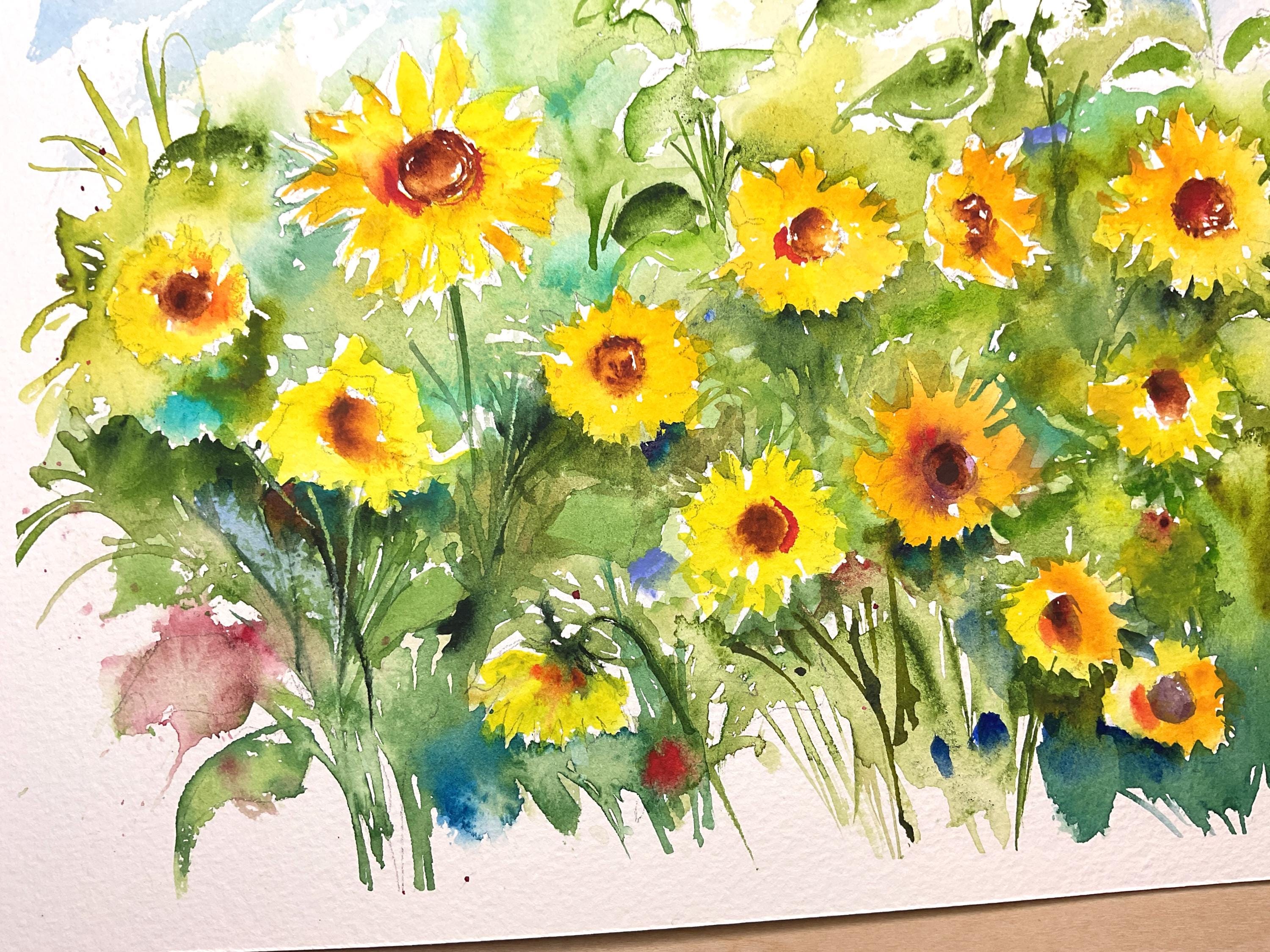 ひまわり畑の水彩画、ひまわりの原画、田舎の夏の花畑、典型的な