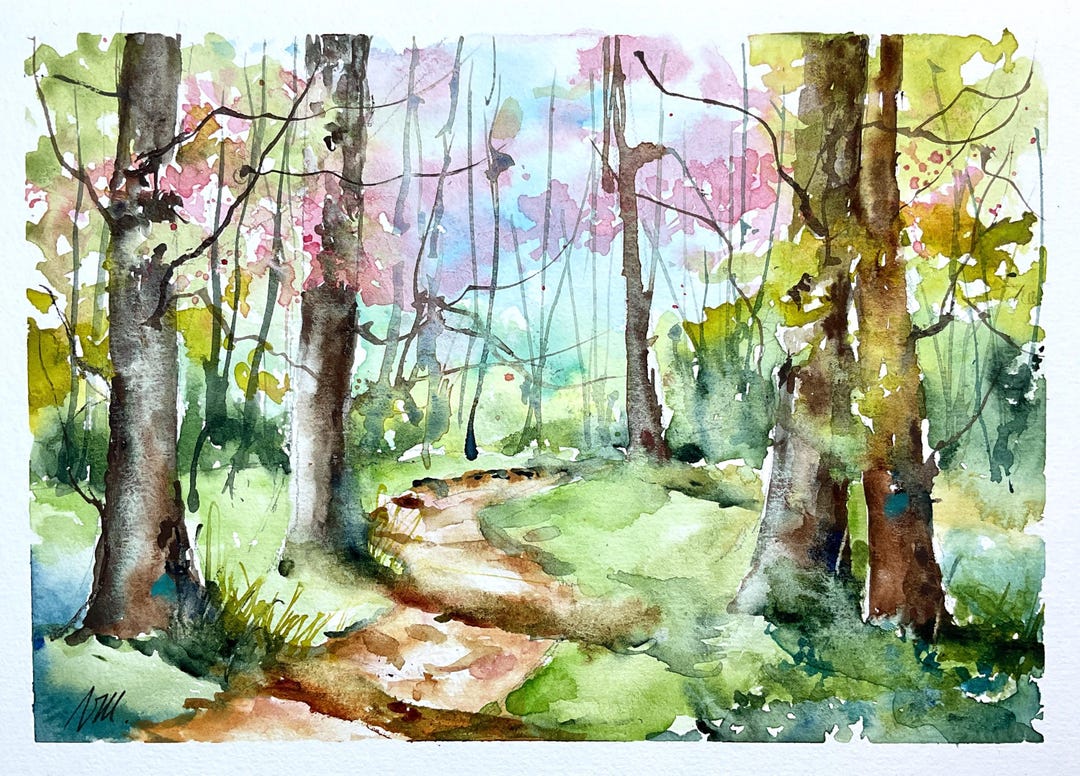 m*n様 春の森と小鹿　絵画アート原画　パステル画 水彩画の春の森の風景、明るい下草のオリジナル絵画、緑の森の壁の装飾