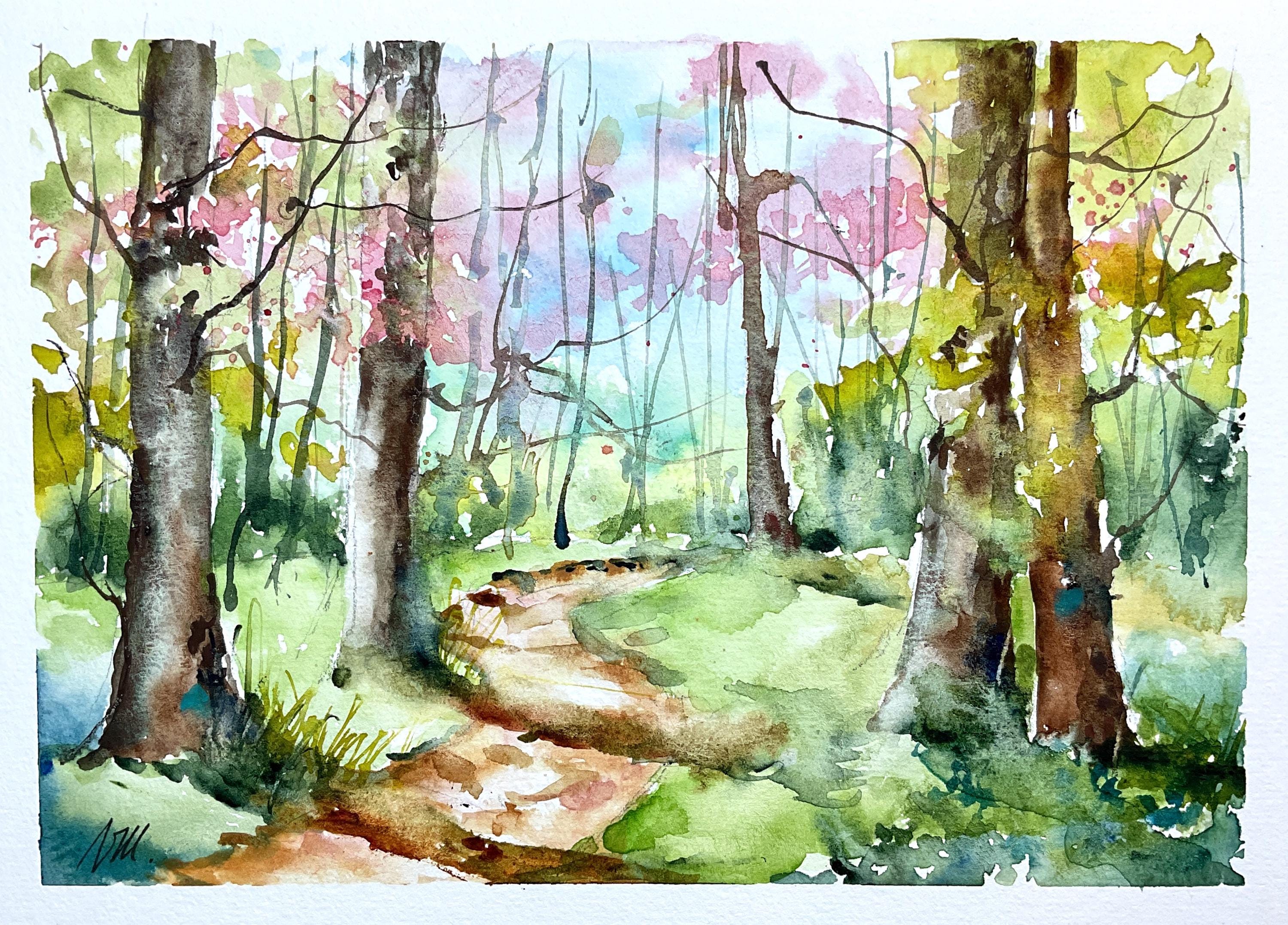 森の絵画「小春ブナ森」 水彩画の春の森の風景、明るい下草のオリジナル絵画、緑の森の壁の装飾