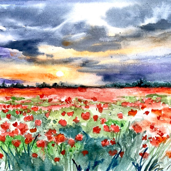 Poppy meadow landscape, watercolor poppy fields, original red flowers wall art, sunset, flowery countryside art, country original painting