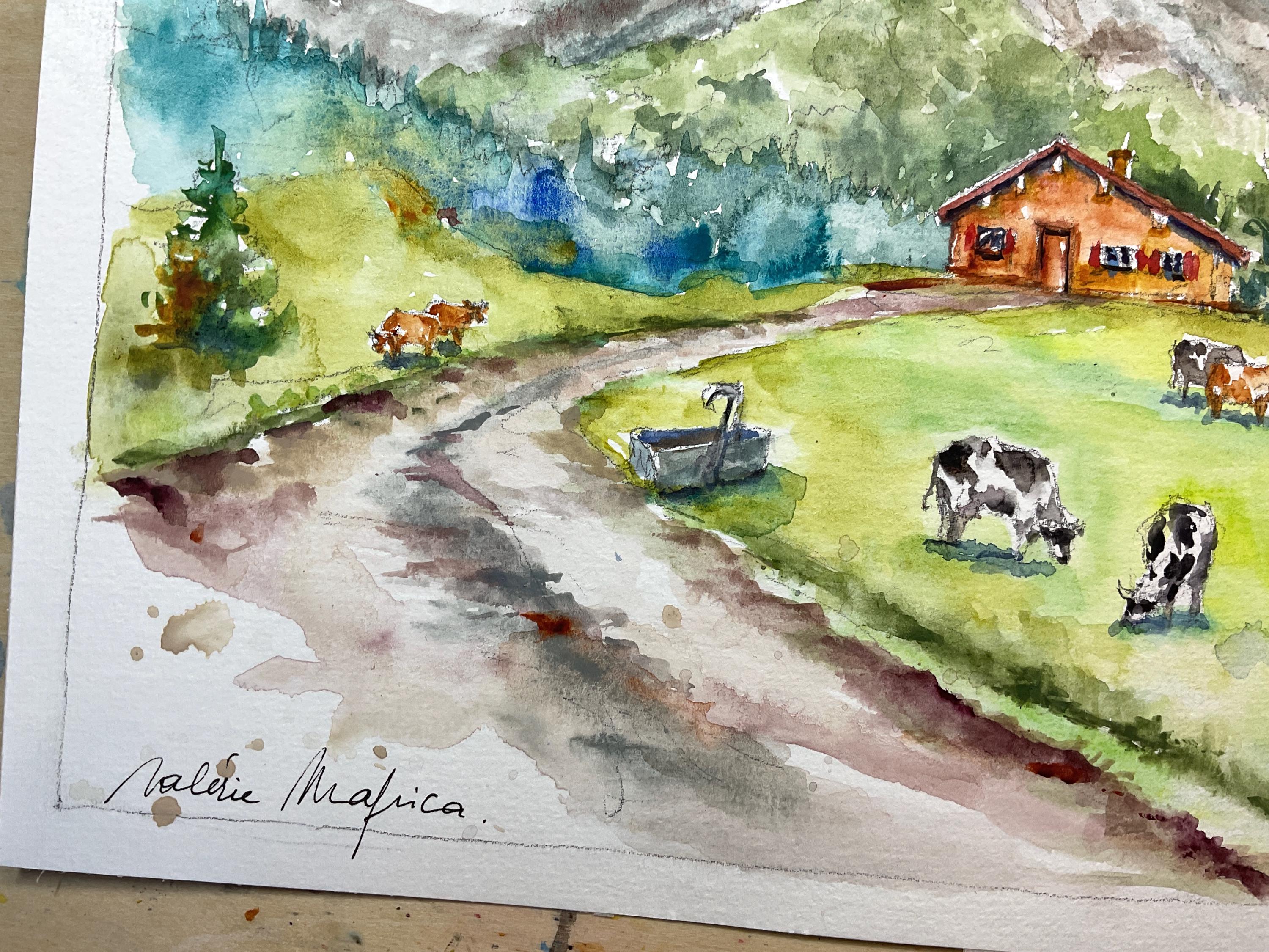 夏の山のオリジナル水彩画、山の風景画、アルプスの水彩画、アラヴィス