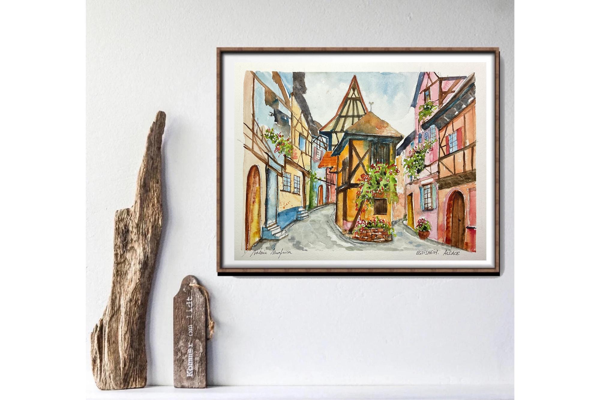 アルザスの水彩画、エギスハイム村の絵画、アルザスワイン街道