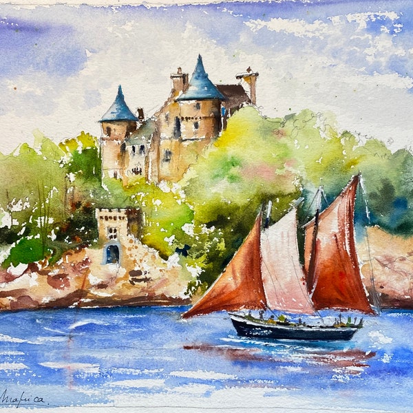 Peinture de paysage de Bretagne en aquarelle originale, le chateau de Costaérès, vieux gréement voile rouge, Perros Guirec côte Granit Rose