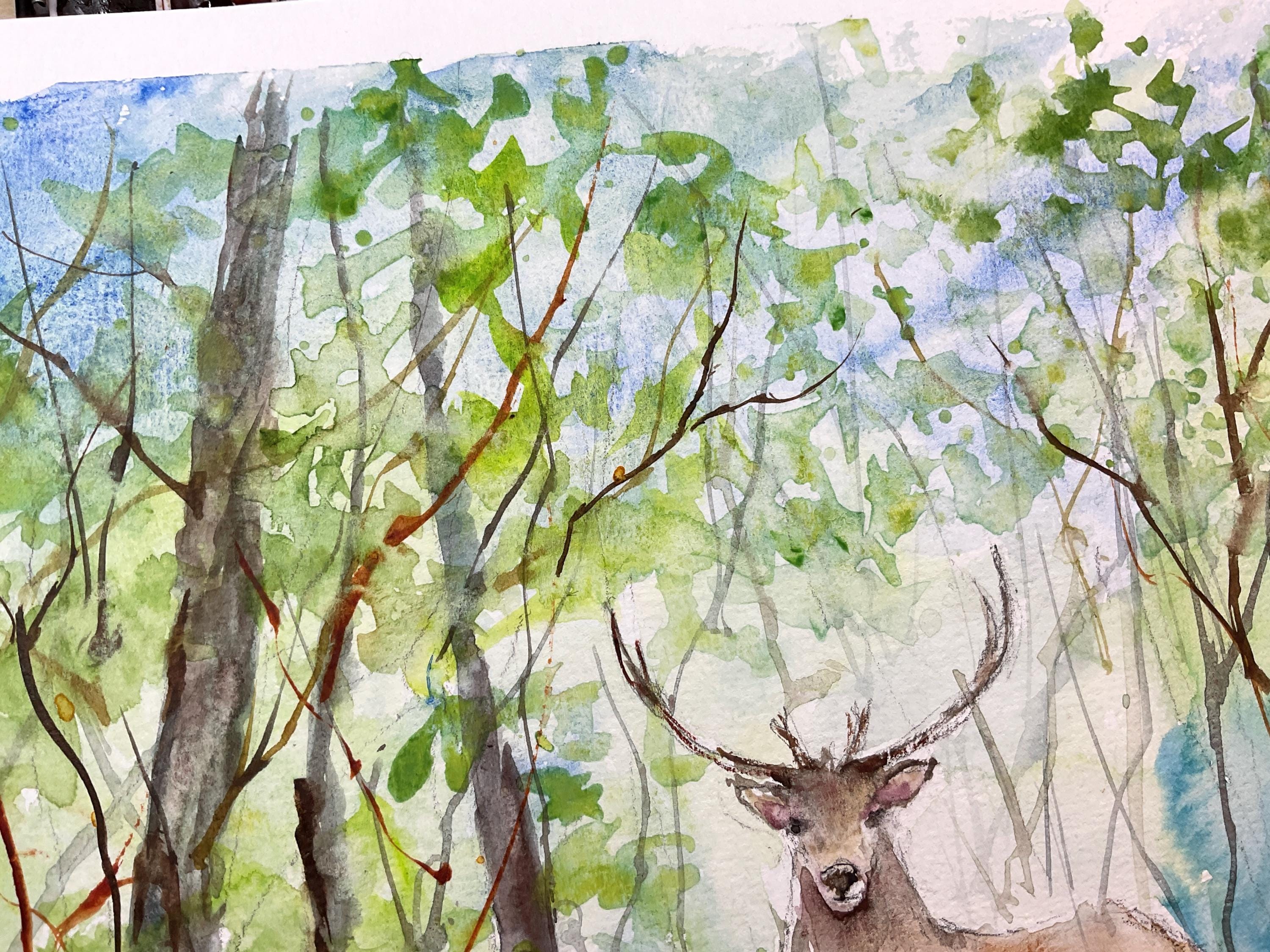 水彩画「鹿」 鹿のオリジナル絵画、森の鹿の水彩画、鹿の壁アート、森の野生動物の