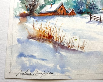 オリジナルの水彩画に描かれた雪の下の納屋、冬の田舎の風景、白い冬の