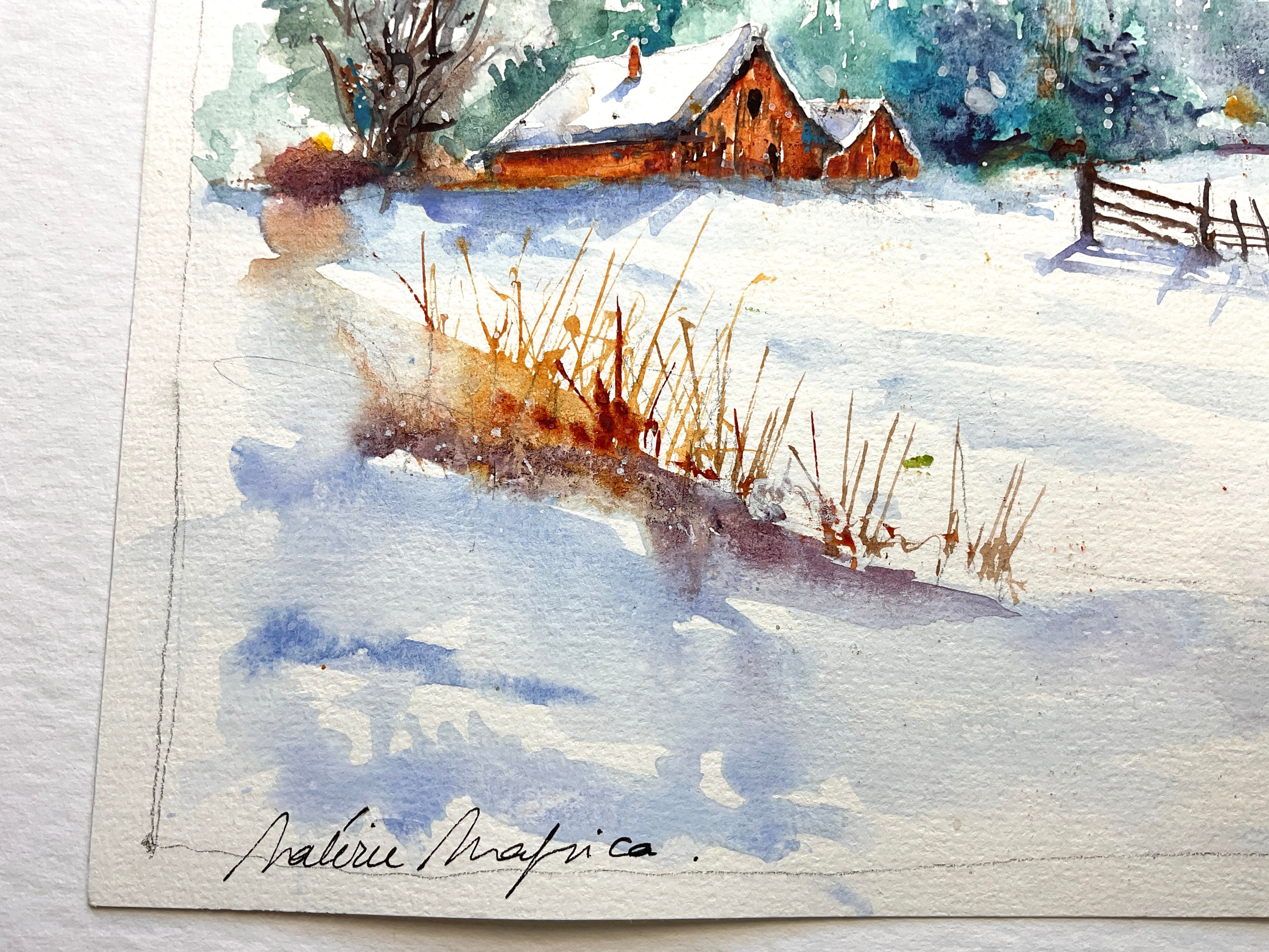 絵画　　田舎雪風景画 冬の道オリジナル水彩画冬の風景画雪の道の風景雪景色田舎の冬の