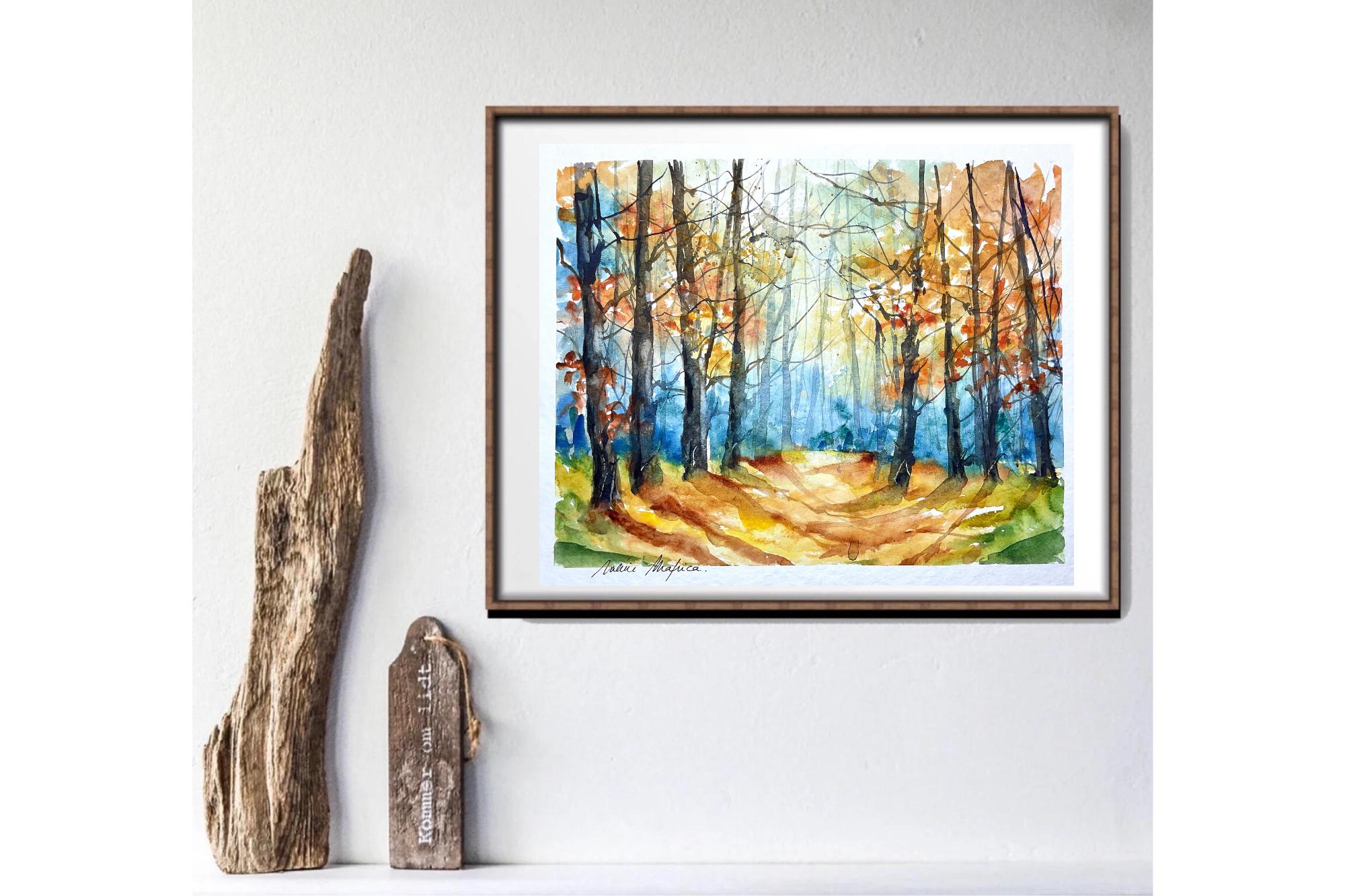 オリジナルの水彩画の森の絵画、下草の風景、木と自然の絵画、緑、青