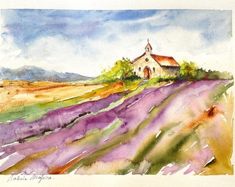 Acuarela de campos de lavanda, pintura original de paisaje provenzal, campos de flores violetas en verano en el campo, capilla provenzal